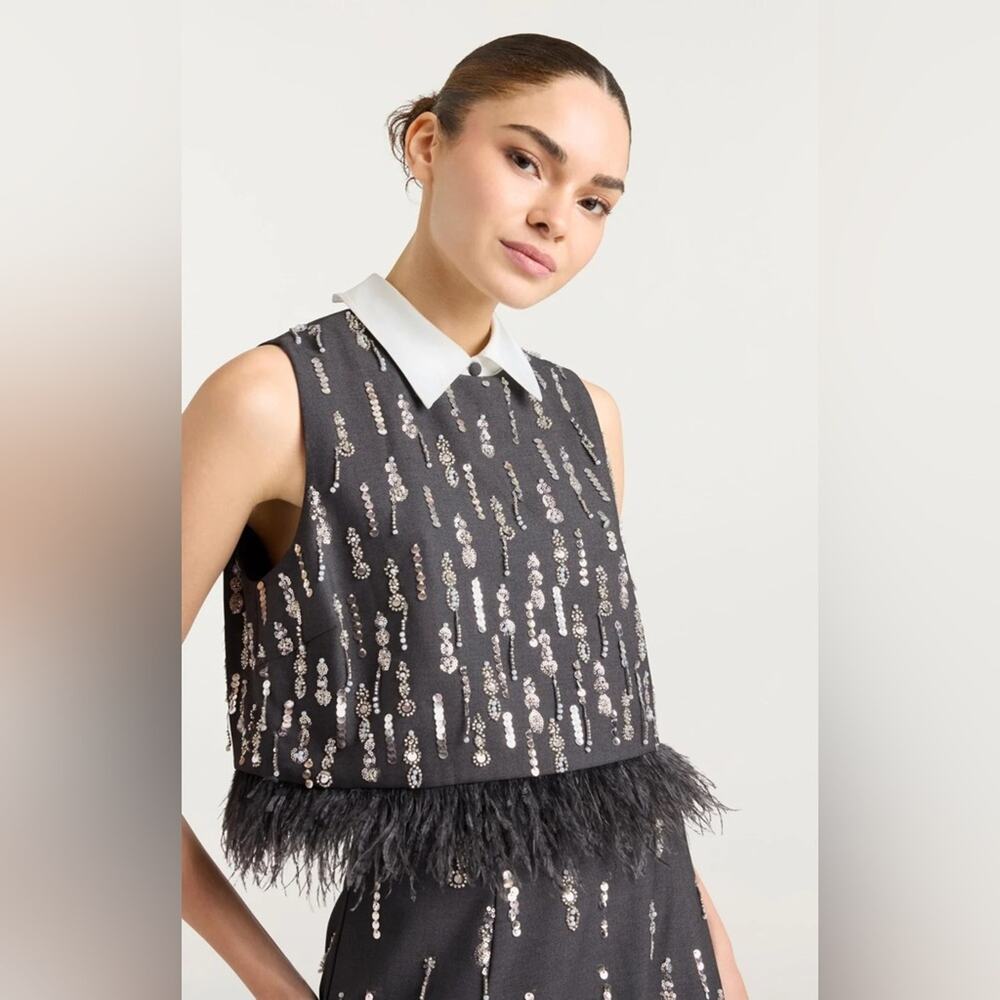 Cinq a Sept Selene Embellished Feather Top in Charcoal M